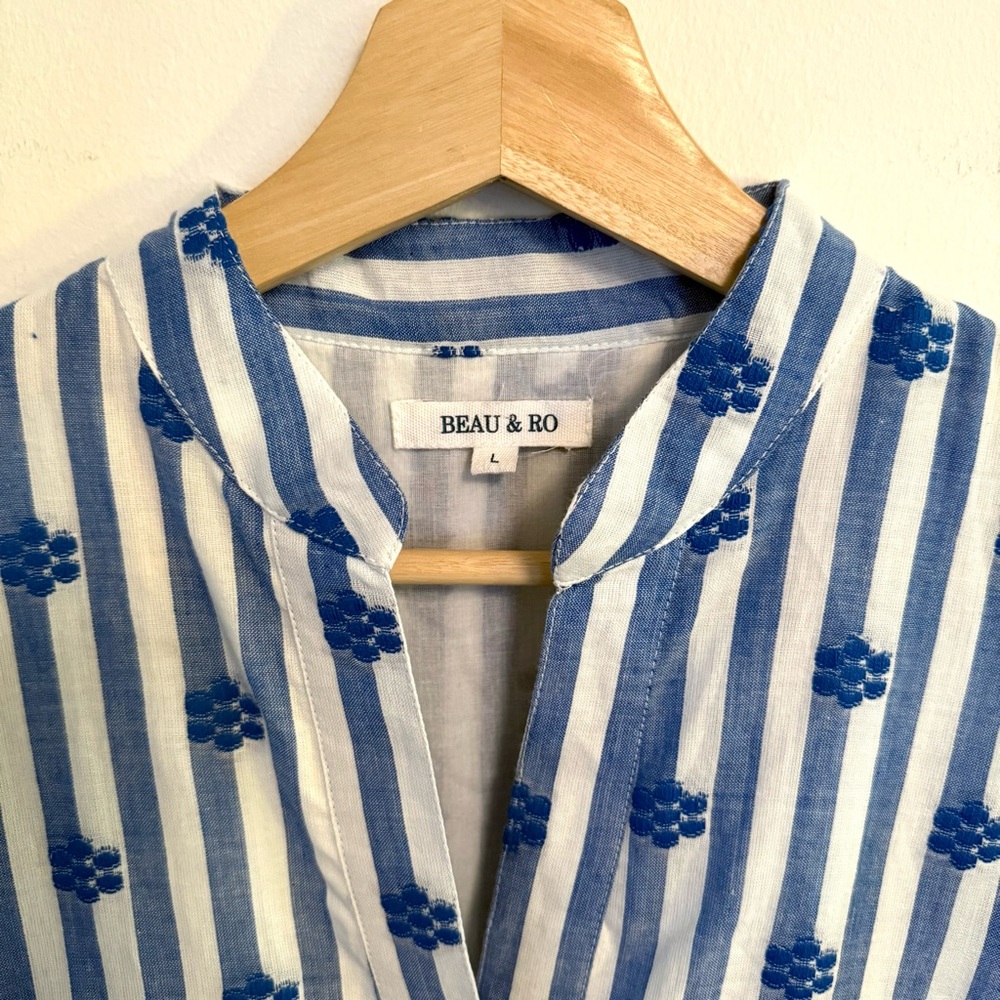 Beau & Ro Midi Capri Blue White Stripe Floral Embroidery Button Shirt Dress L - Picture 2 of 4